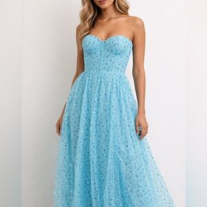 NWT Lulus Prom Dress Blue Sequin Strapless Corset Dress w/ Built-In Cups – small